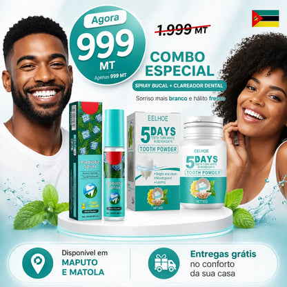 Combo 5 Days White™ – Pó Clareador Dental + Spray Bucal Grátis