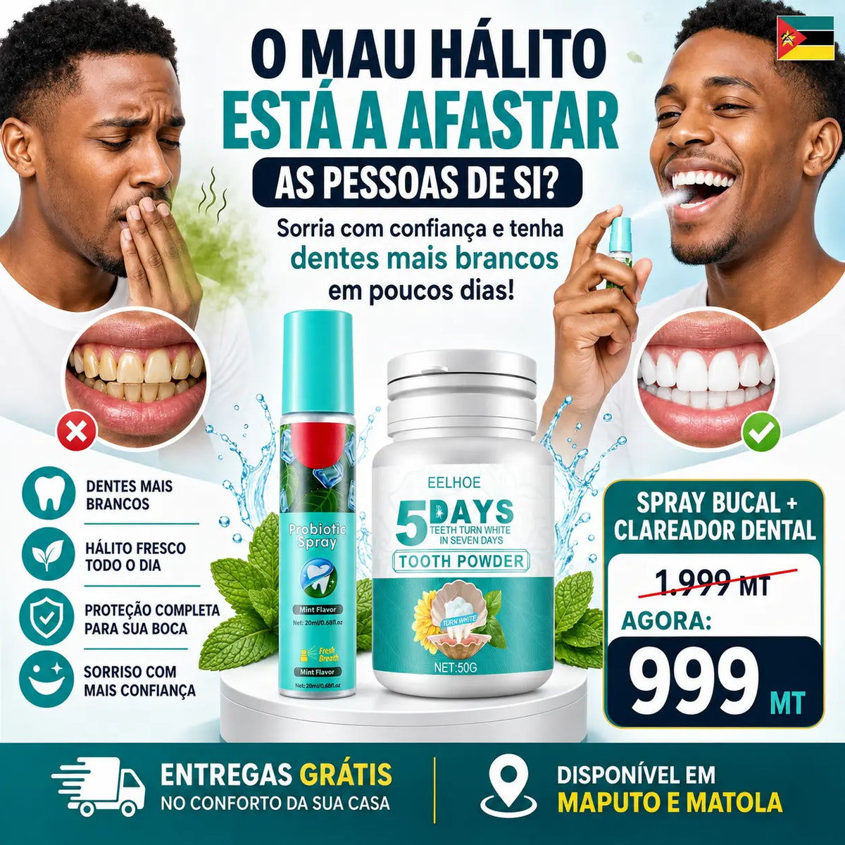 Combo 5 Days White™ – Pó Clareador Dental + Spray Bucal Grátis